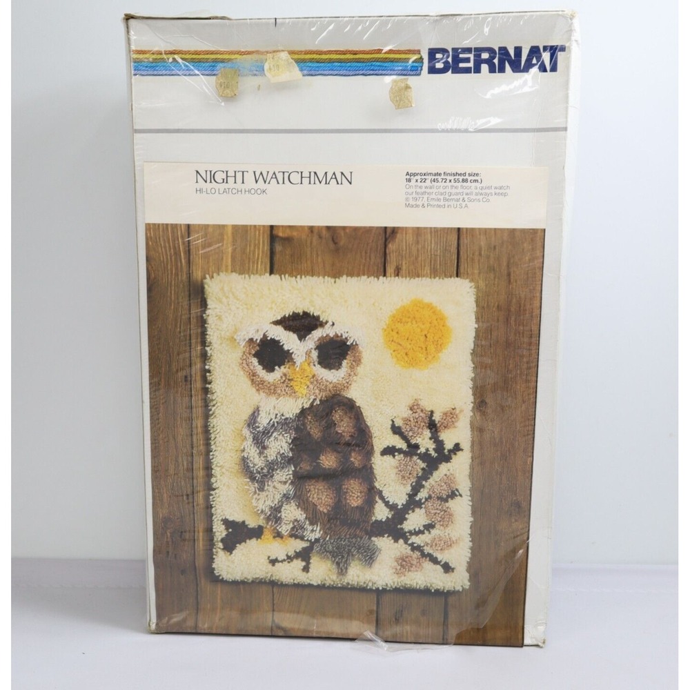 New‎ 1977 Bernat Hi-Lo Latch Hook Kit Night Watchman 18" x 22" Owl MCM 70s